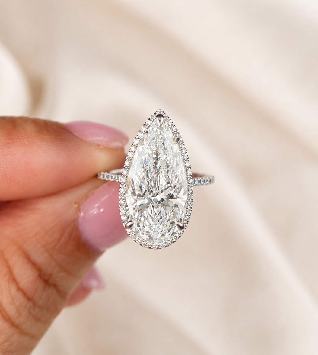 6.70 Carat Pear Cut Halo Pave Diamond Engagement Ring